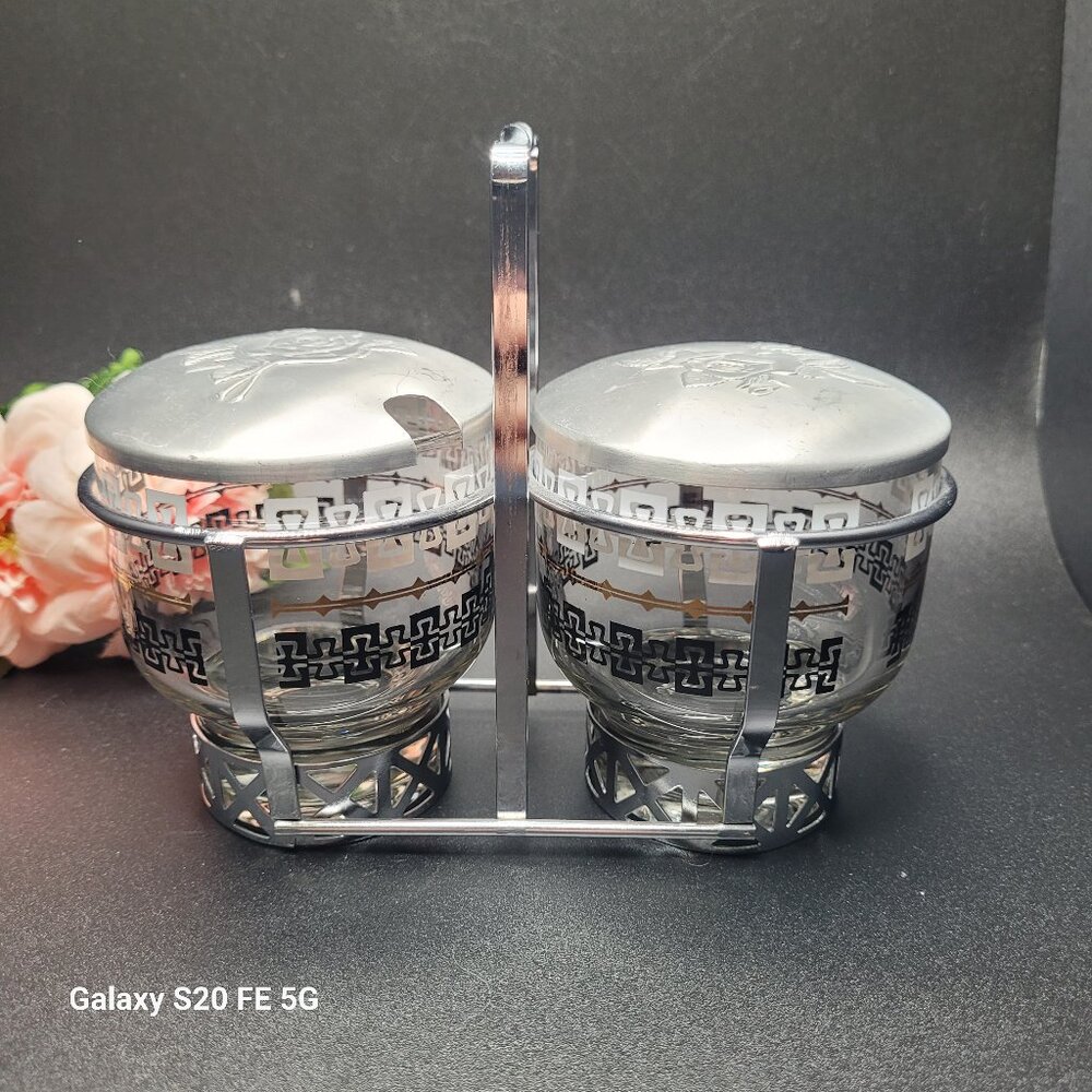 Vintage Libbey Condiment Set in Caddy With Lids Mid Century Design